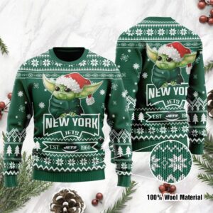 New York Jets Cute Baby Yoda Grogu Holiday Party Ugly Christmas Sweater