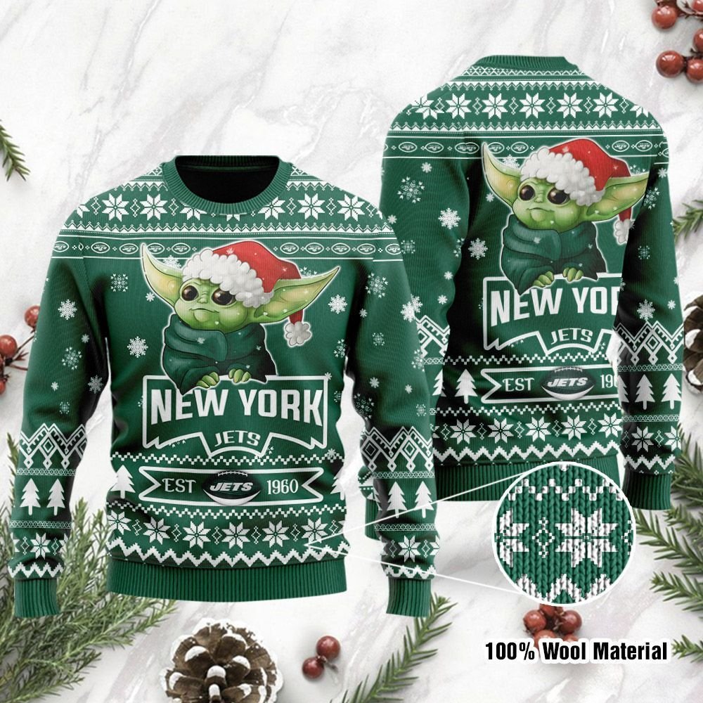 New York Jets Cute Baby Yoda Grogu Ugly Christmas Sweater New York Jets Cute Baby Yoda Grogu Ugly Christmas Sweater