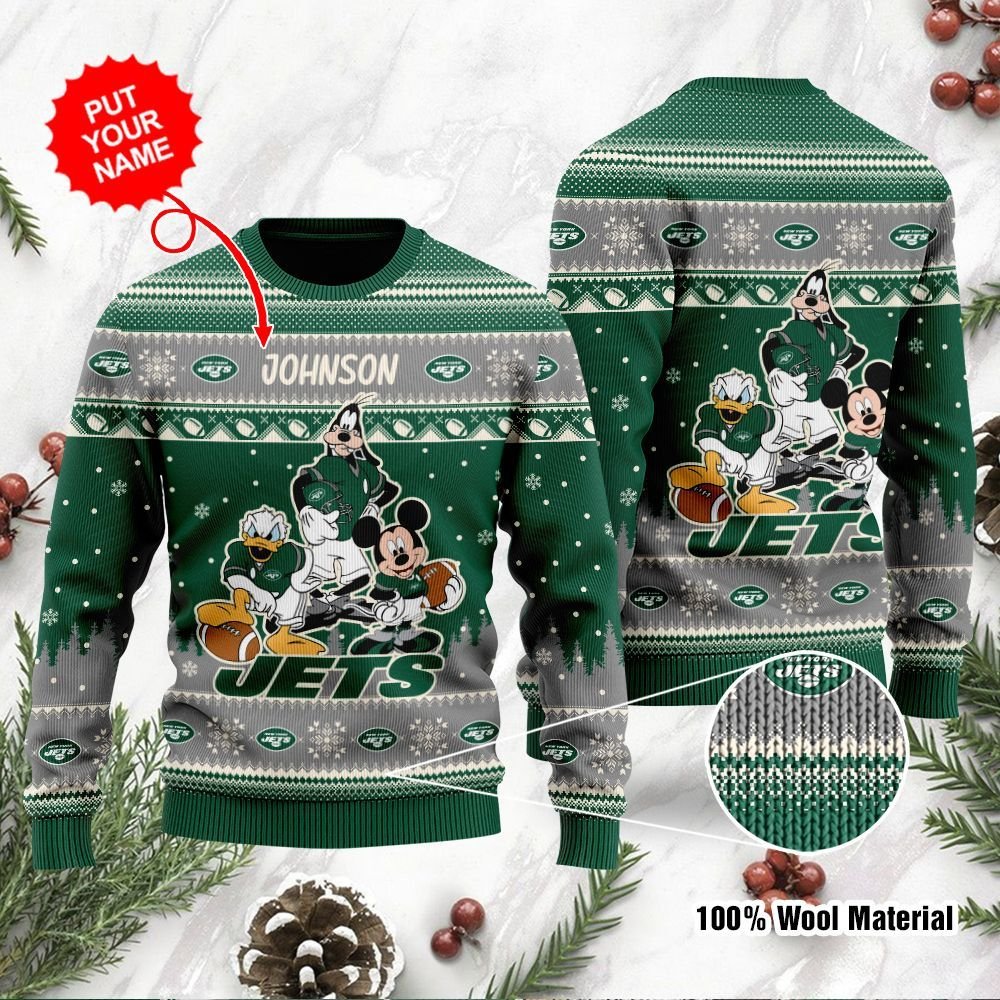 New York Jets Disney Donald Duck Mickey Mouse Goofy Personalized Ugly Christmas Sweater New York Jets Disney Donald Duck Mickey Mouse Goofy Personalized Ugly Christmas Sweater