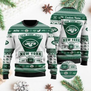 New York Jets Football Team Logo Custom Name Personalized Ugly Christmas Sweater