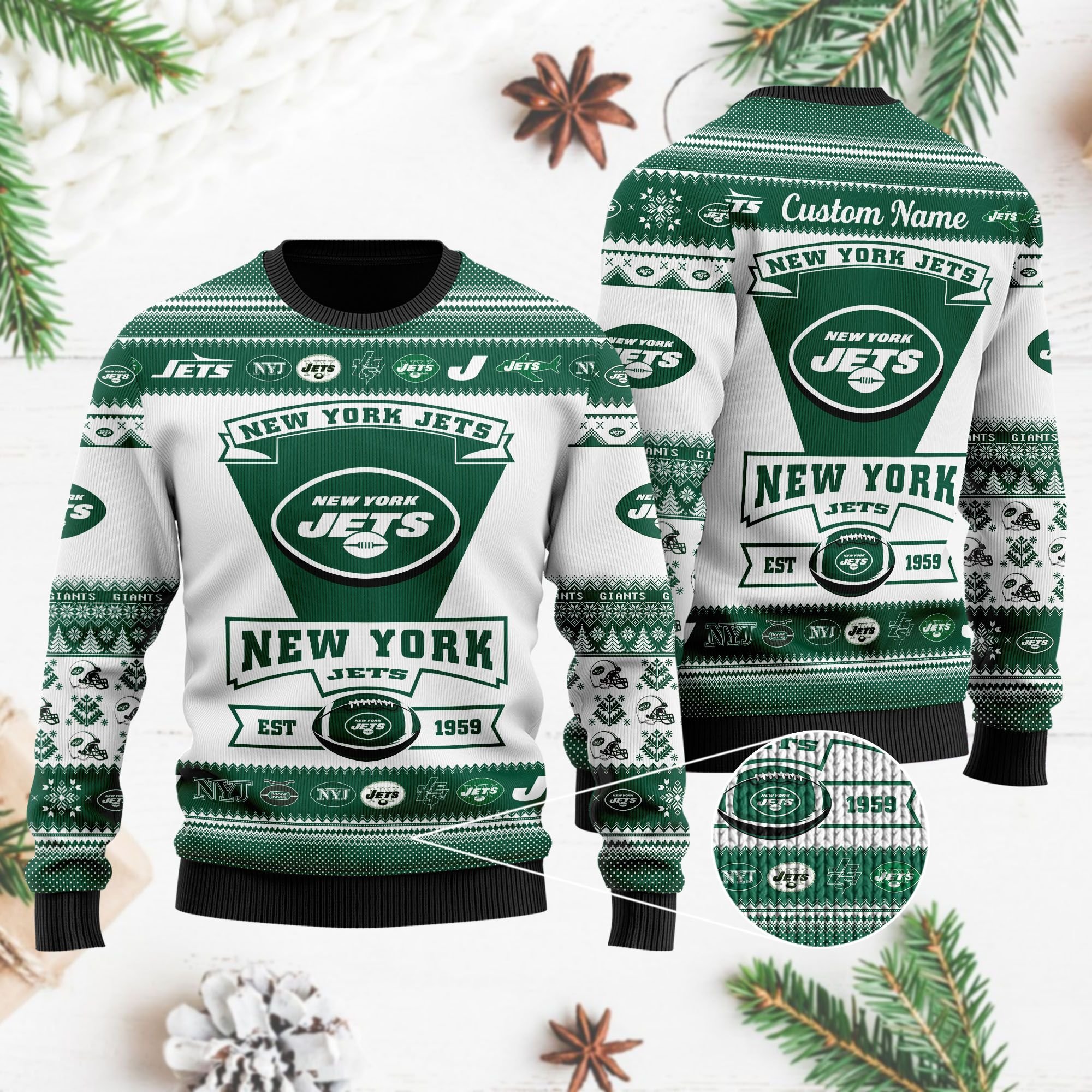 New York Jets Football Team Logo Custom Name Personalized Ugly Christmas Sweater New York Jets Football Team Logo Custom Name Personalized Ugly Christmas Sweater