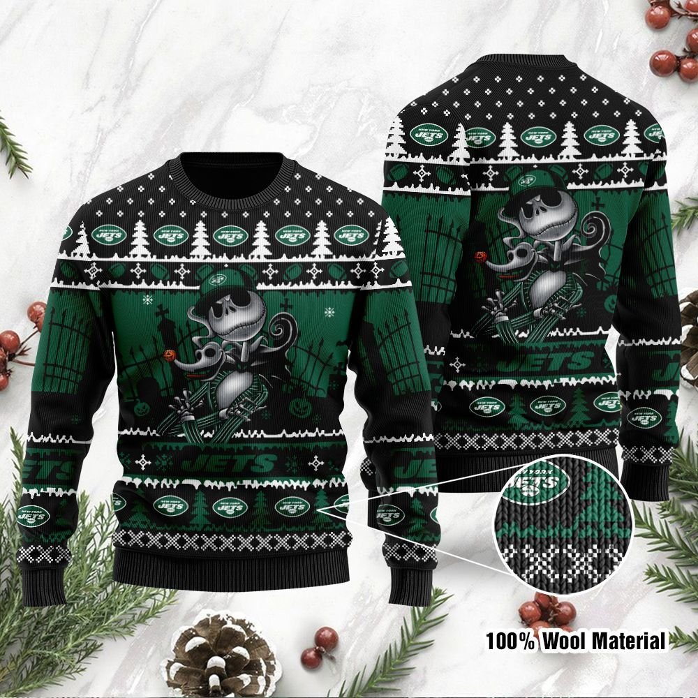 New York Jets Jack Skellington Halloween Holiday Party Ugly Christmas Sweater New York Jets Jack Skellington Halloween Holiday Party Ugly Christmas Sweater