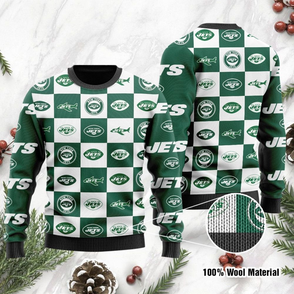 New York Jets Logo Checkered Flannel Design Ugly Christmas Sweater New York Jets Logo Checkered Flannel Design Ugly Christmas Sweater