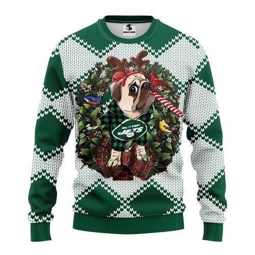 New York Jets Pug Dog Ugly Christmas Sweater New York Jets Pug Dog Ugly Christmas Sweater