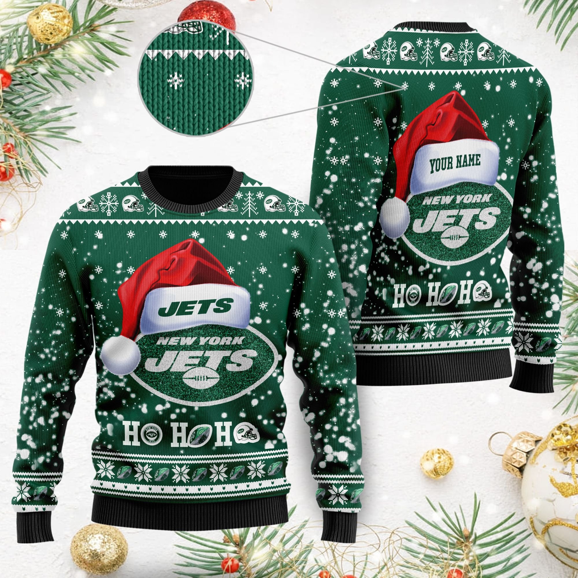 New York Jets Symbol Wearing Santa Claus Hat Ho Ho Ho Custom Personalized Ugly Christmas Sweater New York Jets Symbol Wearing Santa Claus Hat Ho Ho Ho Custom Personalized Ugly Christmas Sweater