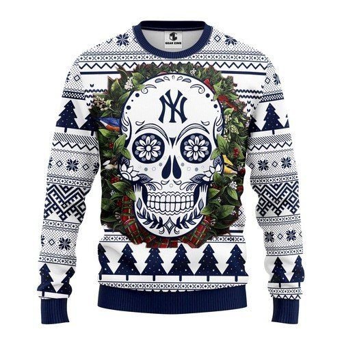 New York Yankees Skull Flower Ugly Christmas Sweater New York Yankees Skull Flower Ugly Christmas Sweater