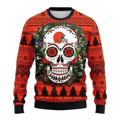 Nfl Cleveland Browns Skull Flower Ugly Christmas Sweater Nfl Cleveland Browns Skull Flower Ugly Christmas Sweater