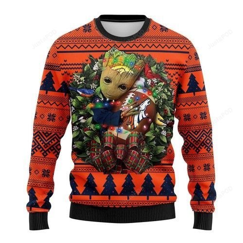 Nfl Denver Brocos Groot Hug Ugly Christmas Sweater Nfl Denver Brocos Groot Hug Ugly Christmas Sweater