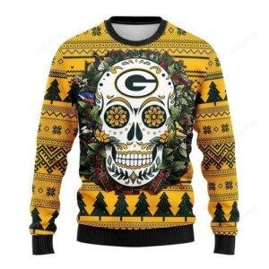 Nfl Green Bay Packers Skull Flower Ugly Christmas Sweater