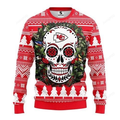 Nfl Kansas City Chiefs Skull Flower Ugly Christmas Sweater Nfl Kansas City Chiefs Skull Flower Ugly Christmas Sweater