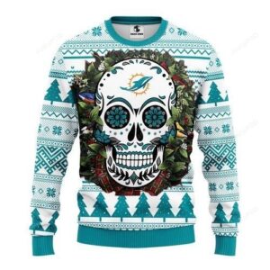 Nfl Miami Dolphins Skull Flower Ugly Christmas Sweater
