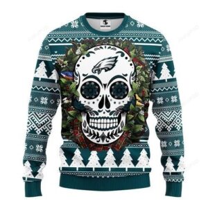 Nfl Philadelphia Eagles Skull Flower Ugly Christmas Sweater