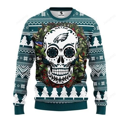 Nfl Philadelphia Eagles Skull Flower Ugly Christmas Sweater Nfl Philadelphia Eagles Skull Flower Ugly Christmas Sweater