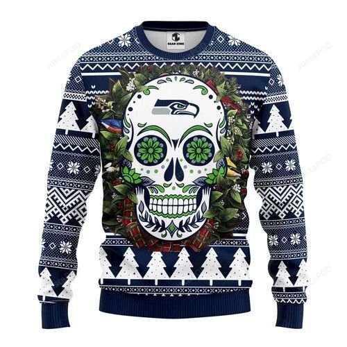 Nfl Seattle Seahawks Skull Flower Ugly Christmas Sweater Nfl Seattle Seahawks Skull Flower Ugly Christmas Sweater