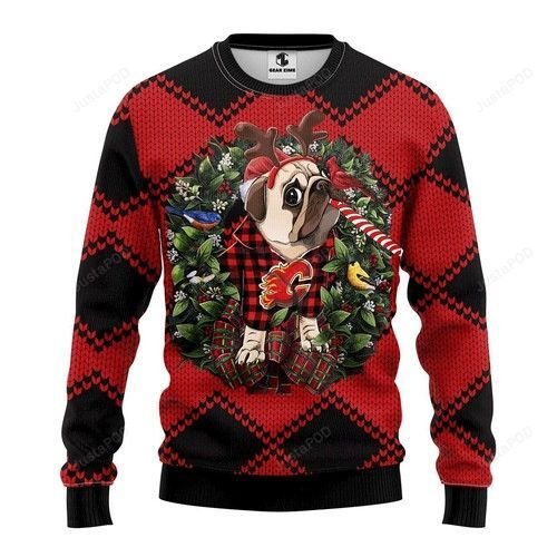 Nhl Calgary Flames Pug Dog Ugly Christmas Sweater Nhl Calgary Flames Pug Dog Ugly Christmas Sweater