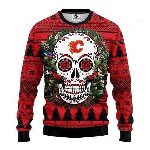 Nhl Calgary Flames Skull Flower Ugly Christmas Sweater Nhl Calgary Flames Skull Flower Ugly Christmas Sweater
