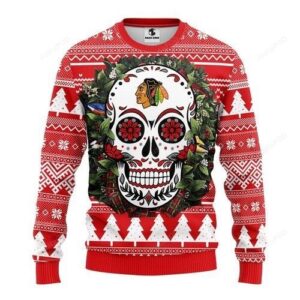 Nhl Chicago Blackhawks Skull Flower Ugly Christmas Sweater
