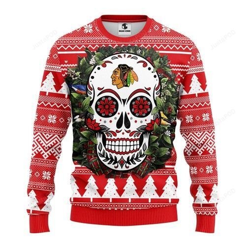 Nhl Chicago Blackhawks Skull Flower Ugly Christmas Sweater Nhl Chicago Blackhawks Skull Flower Ugly Christmas Sweater
