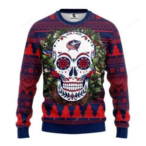 Nhl Columbus Blue Jackets Skull Flower Ugly Christmas Sweater