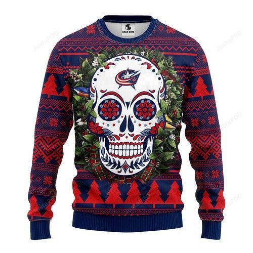 Nhl Columbus Blue Jackets Skull Flower Ugly Christmas Sweater Nhl Columbus Blue Jackets Skull Flower Ugly Christmas Sweater