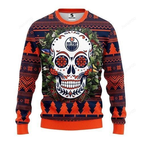 Nhl Edmonton Oilers Skull Flower Ugly Christmas Sweater Nhl Edmonton Oilers Skull Flower Ugly Christmas Sweater