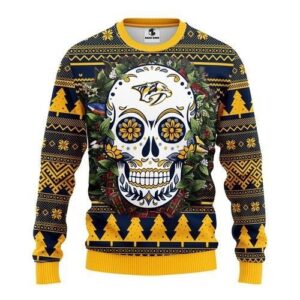 Nhl Nashville Predators Skull Flower Ugly Christmas Sweater