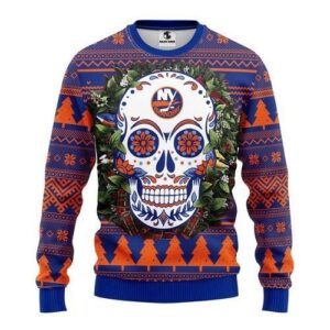 Nhl New York Islanders Skull Flower Ugly Christmas Sweater