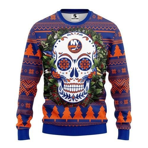 Nhl New York Islanders Skull Flower Ugly Christmas Sweater Nhl New York Islanders Skull Flower Ugly Christmas Sweater