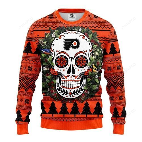 Nhl Philadelphia Flyers Skull Flower Ugly Christmas Sweater Nhl Philadelphia Flyers Skull Flower Ugly Christmas Sweater