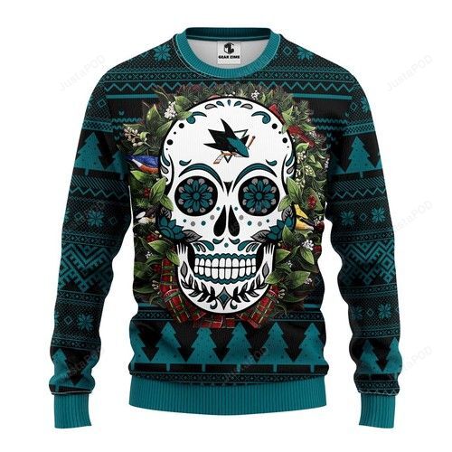 Nhl San Jose Sharks Skull Flower Ugly Christmas Sweater Nhl San Jose Sharks Skull Flower Ugly Christmas Sweater