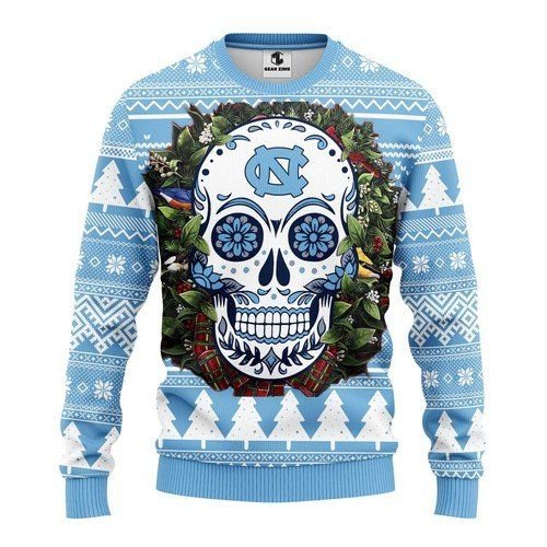 North Carolina Tar Heels Skull Flower For Unisex Ugly Christmas Sweater North Carolina Tar Heels Skull Flower For Unisex Ugly Christmas Sweater