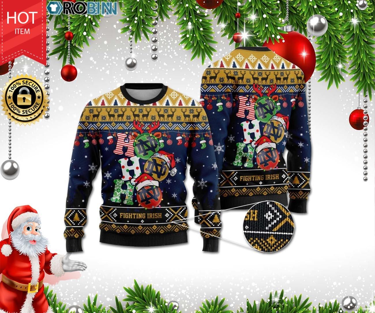Notre Dame Fighting Irish Ho Ho Ho 3D Print Christmas Wool Sweater Notre Dame Fighting Irish Ho Ho Ho 3D Print Christmas Wool Sweater