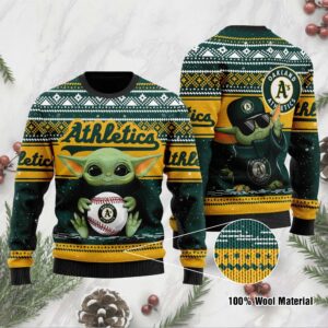 Oakland Athletics Grogu Baby Yoda Hug Logo Ugly Christmas Sweater