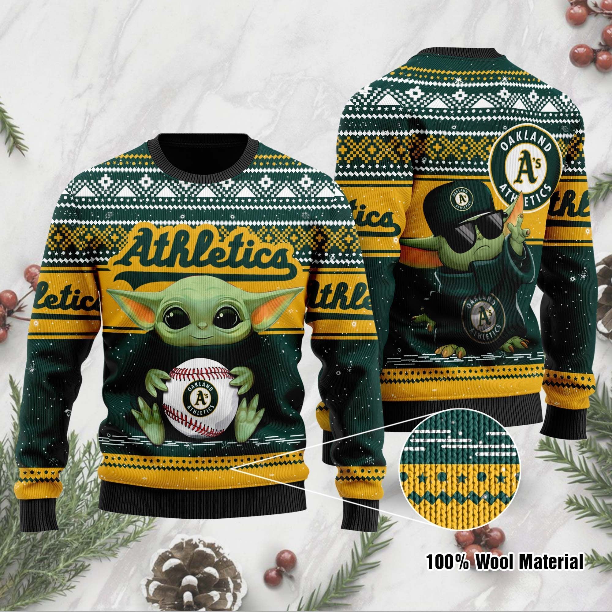 Oakland Athletics Grogu Baby Yoda Hug Logo Ugly Christmas Sweater Oakland Athletics Grogu Baby Yoda Hug Logo Ugly Christmas Sweater