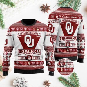 Oklahoma Sooners Football Team Logo Custom Name Personalized Ugly Christmas Sweater