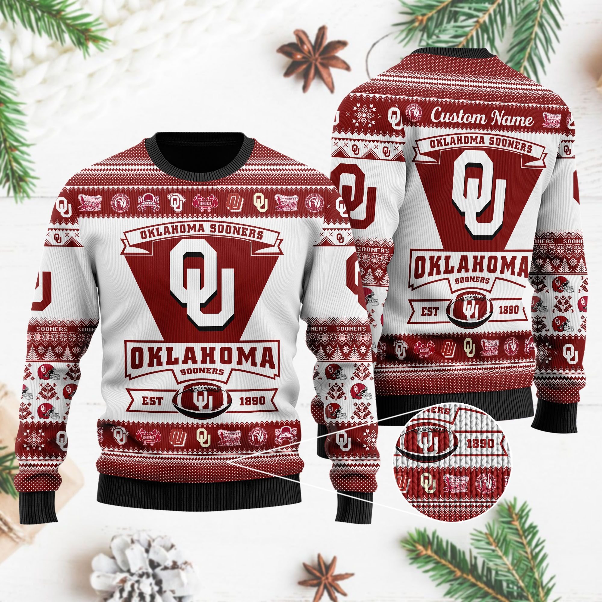 Oklahoma Sooners Football Team Logo Custom Name Personalized Ugly Christmas Sweater Oklahoma Sooners Football Team Logo Custom Name Personalized Ugly Christmas Sweater