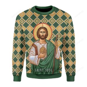 Orange And Green Rhombus Pattern Saint Jude Portrait Of Jesus Christmas For Unisex Ugly Christmas Sweater