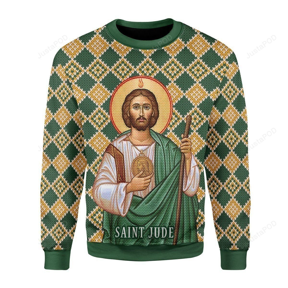 Orange And Green Rhombus Pattern Saint Jude Portrait Of Jesus Christmas For Unisex Ugly Christmas Sweater Orange And Green Rhombus Pattern Saint Jude Portrait Of Jesus Christmas For Unisex Ugly Christmas Sweater