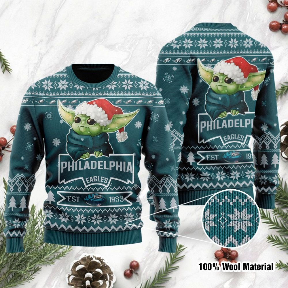 Philadelphia Eagles Cute Baby Yoda Grogu Holiday Party Ugly Christmas Sweater Philadelphia Eagles Cute Baby Yoda Grogu Holiday Party Ugly Christmas Sweater
