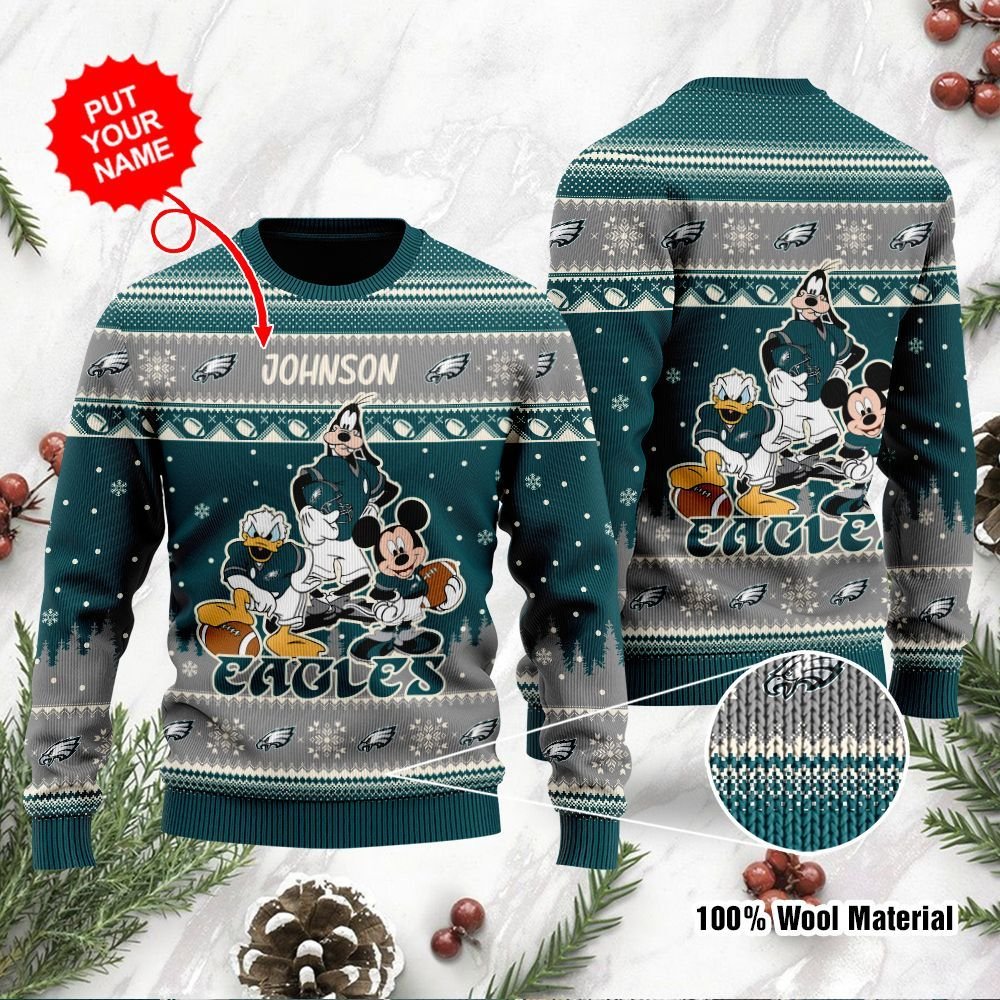 Philadelphia Eagles Disney Donald Duck Mickey Mouse Goofy Personalized Ugly Christmas Sweater Philadelphia Eagles Disney Donald Duck Mickey Mouse Goofy Personalized Ugly Christmas Sweater