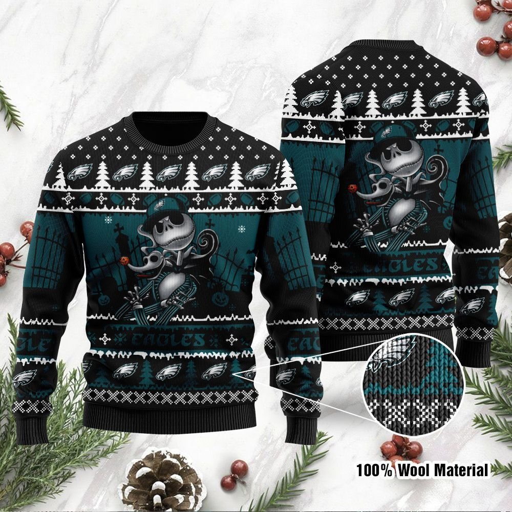 Philadelphia Eagles Jack Skellington Halloween Ugly Christmas Sweater Philadelphia Eagles Jack Skellington Halloween Ugly Christmas Sweater