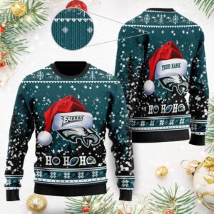 Philadelphia Eagles Symbol Wearing Santa Claus Hat Ho Ho Ho Personalized Ugly Christmas Sweater