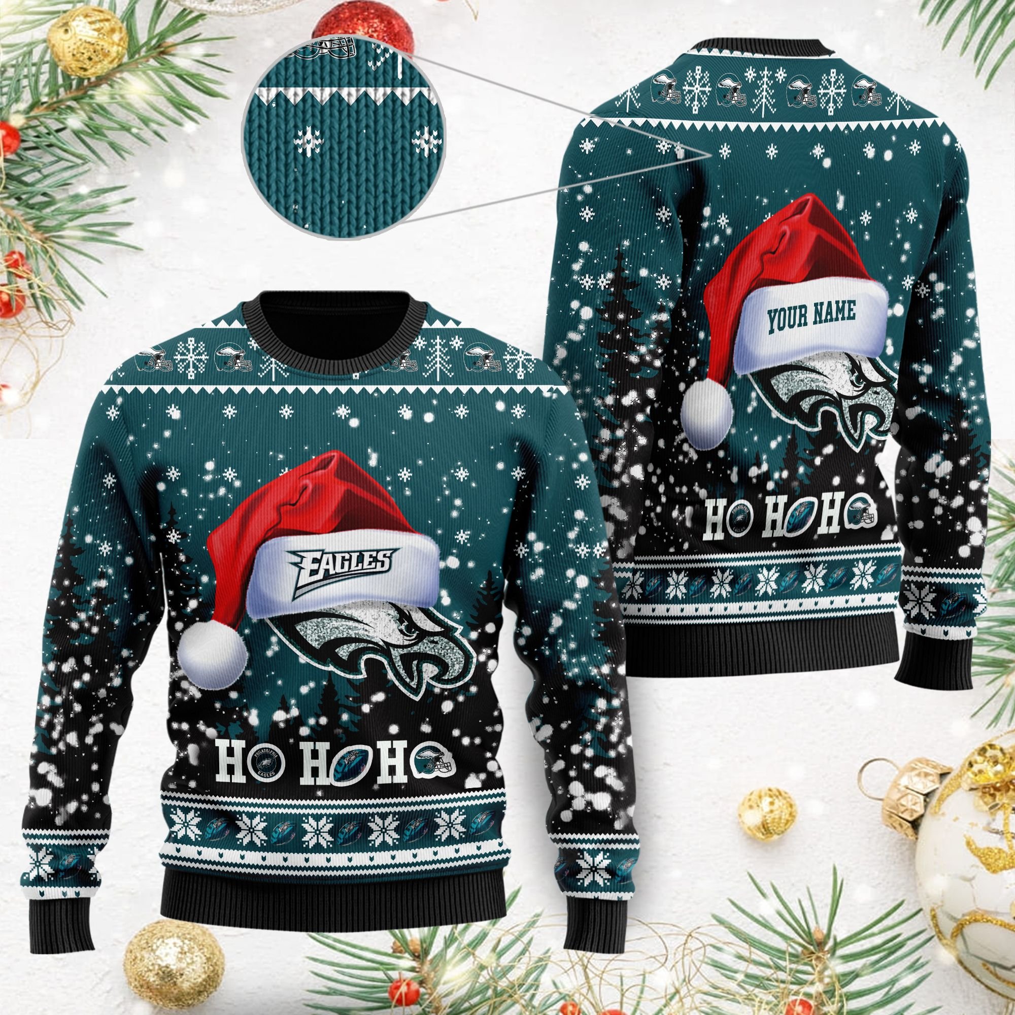 Philadelphia Eagles Symbol Wearing Santa Claus Hat Ho Ho Ho Personalized Ugly Christmas Sweater Philadelphia Eagles Symbol Wearing Santa Claus Hat Ho Ho Ho Personalized Ugly Christmas Sweater