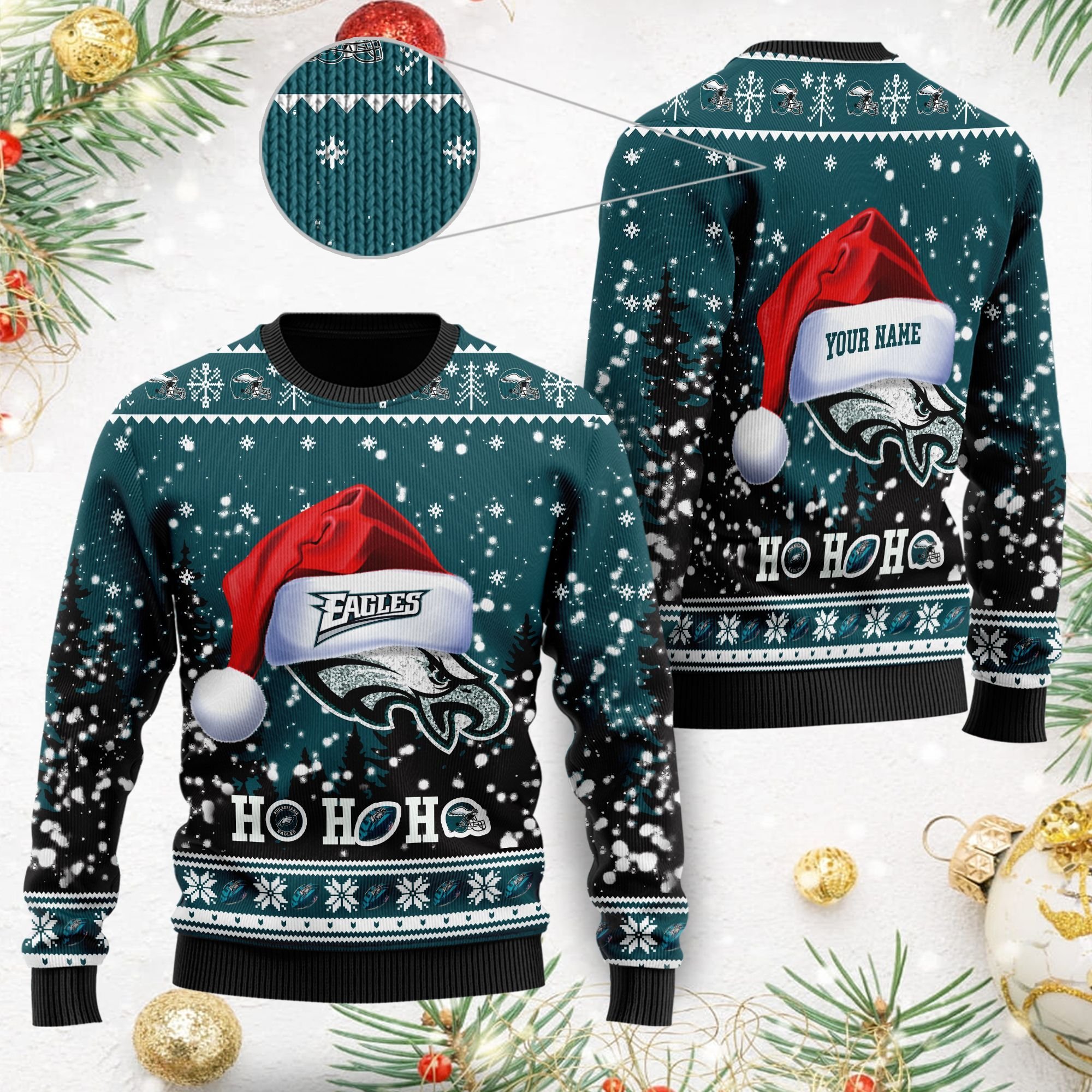 Philadelphia Eagles Symbol Wearing Santa Claus Hat Ho Ho Ho Ugly Christmas Sweater Philadelphia Eagles Symbol Wearing Santa Claus Hat Ho Ho Ho Ugly Christmas Sweater