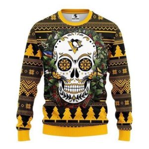 Pittsburgh Penguins Skull Flower For Unisex Ugly Christmas Sweater