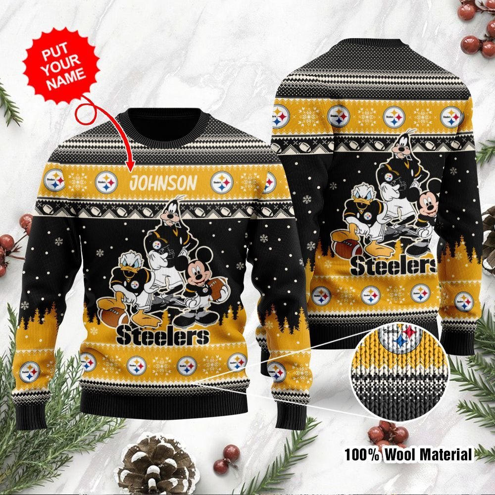 Pittsburgh Steelers Disney Donald Duck Mickey Mouse Goofy Personalized Ugly Christmas Sweater Pittsburgh Steelers Disney Donald Duck Mickey Mouse Goofy Personalized Ugly Christmas Sweater