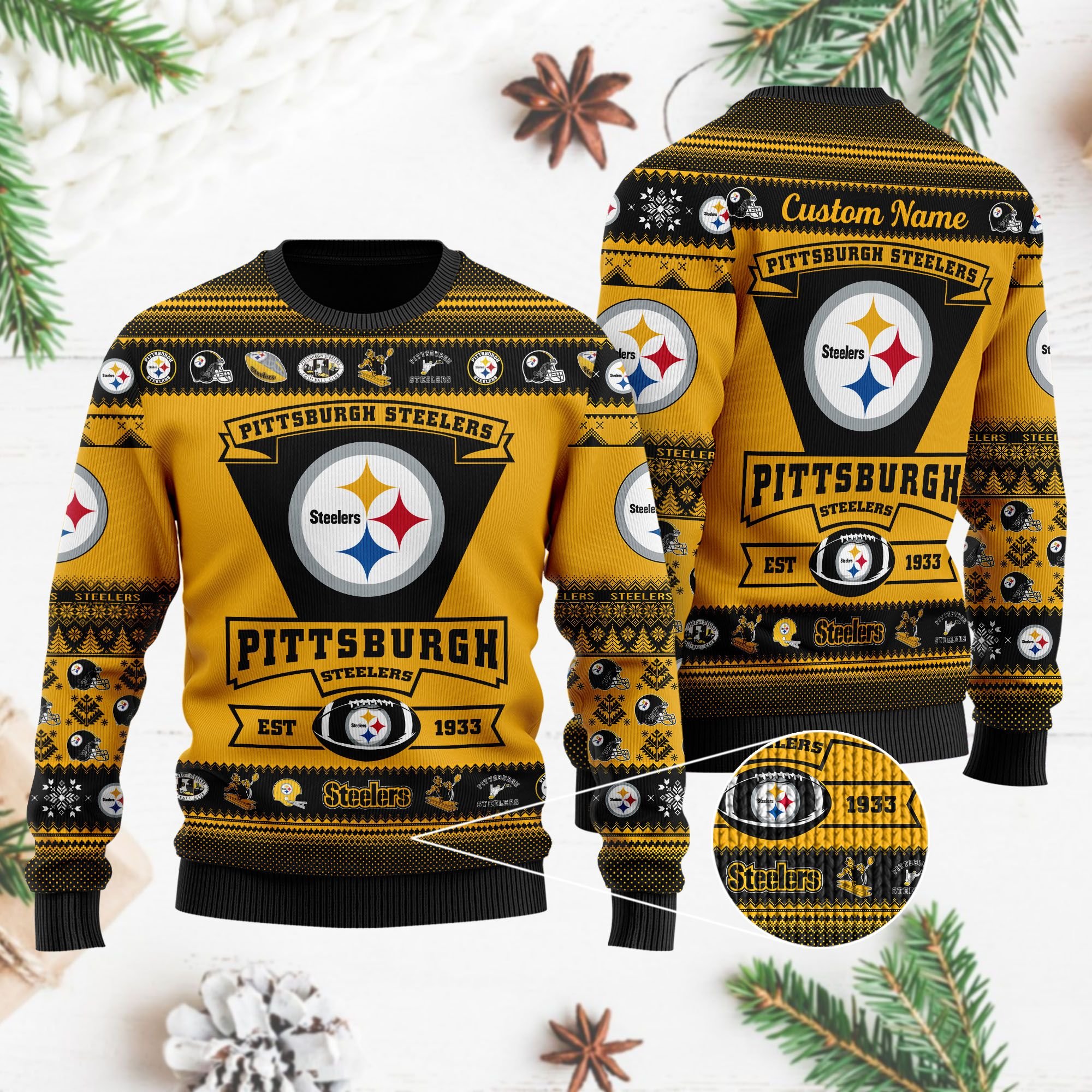 Pittsburgh Steelers Football Team Logo Custom Name Personalized Ugly Christmas Sweater Pittsburgh Steelers Football Team Logo Custom Name Personalized Ugly Christmas Sweater