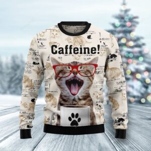 Red Glasses Cat Caffeine Ugly Christmas Sweater