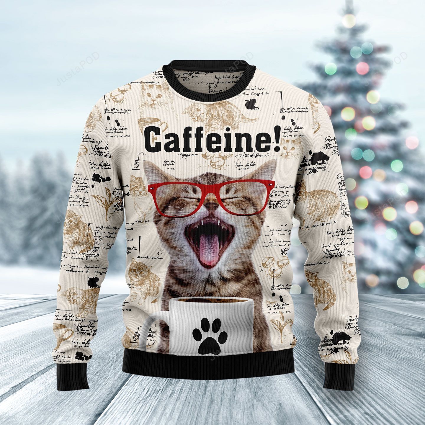 Red Glasses Cat Caffeine Ugly Christmas Sweater Red Glasses Cat Caffeine Ugly Christmas Sweater