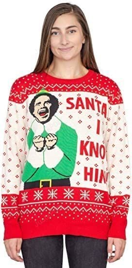 Ripple Junction Elf Buddy Santa I Know Him Pattern Adult Ugly Sweater Ripple Junction Elf Buddy Santa I Know Him Pattern Adult Ugly Sweater